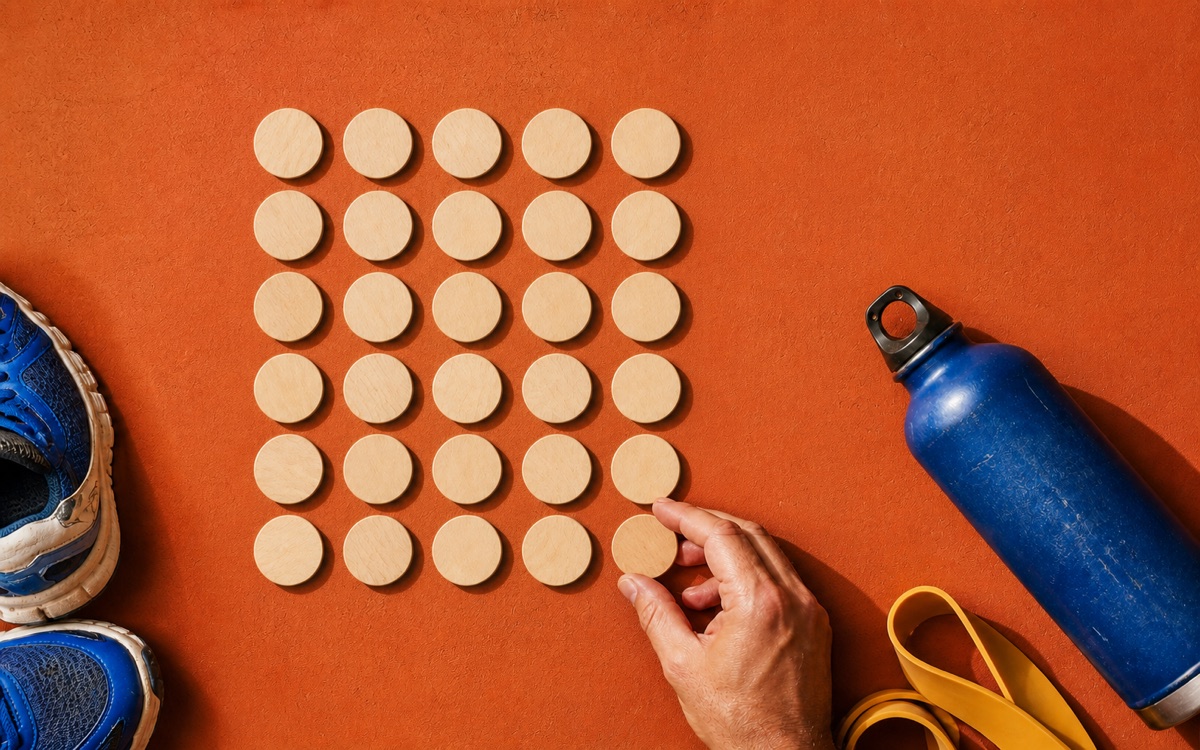 Hand plaatst het dertigste houten schijfje in een kleurrijk gewoonteschema naast sportschoenen