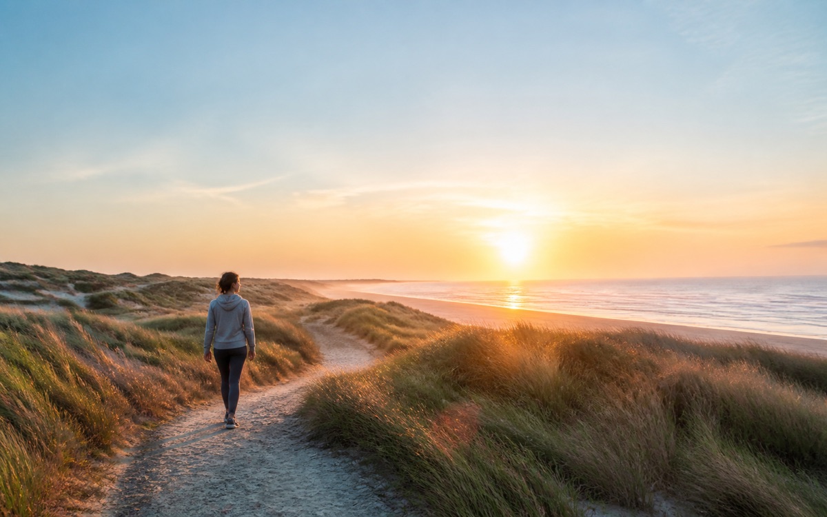 Persoon wandelt bij zonsopkomst over een duinpad langs zee