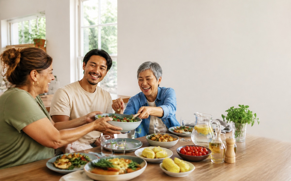 Drie mensen van verschillende leeftijden delen een kleurrijke dagelijkse maaltijd aan tafel