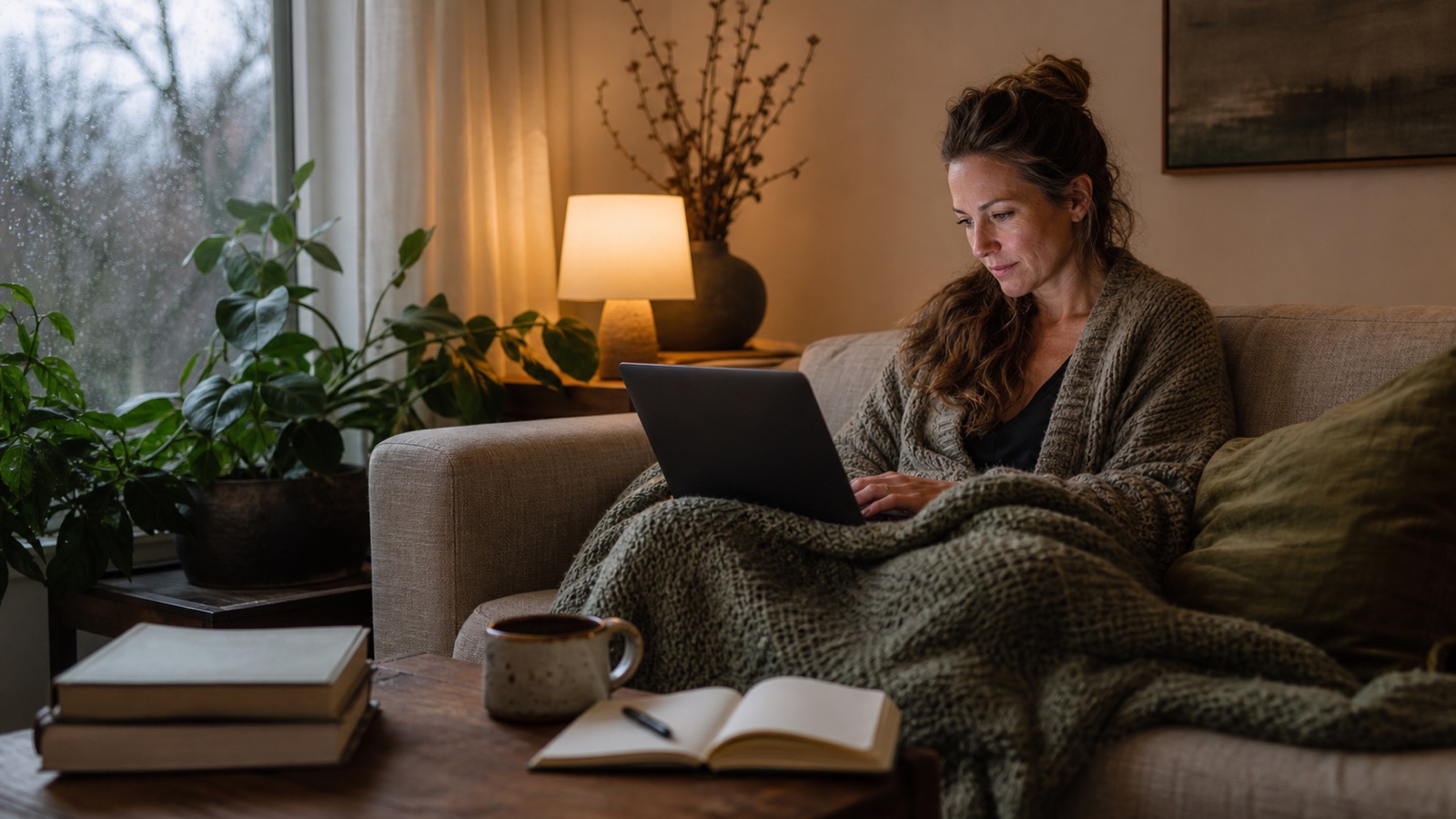 Vrouw volgt op een regenachtige winterdag ontspannen een cursus op de bank