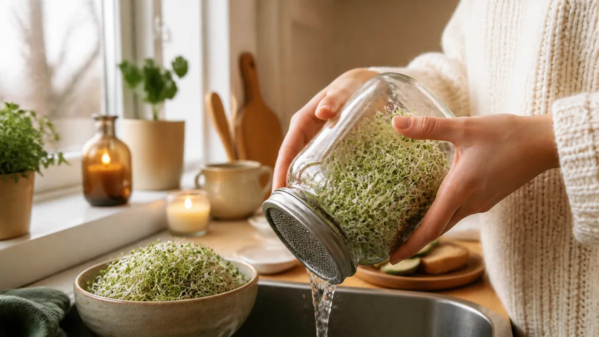 Verse broccolikiemen in een keramieken schaaltje met brood en groente op een warme houten keukentafel