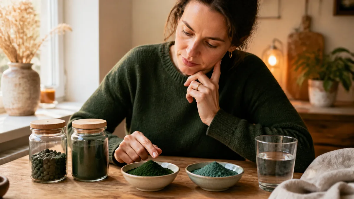 Twee neutrale schaaltjes met groen chlorella- en blauwgroen spirulinapoeder naast een glas smoothie op een warme tafel