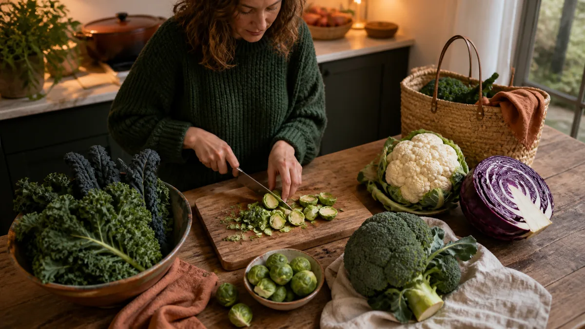 Kleurrijke schaal met broccoli, bloemkool, spruitjes, boerenkool, radijs en paksoi in een warme keuken