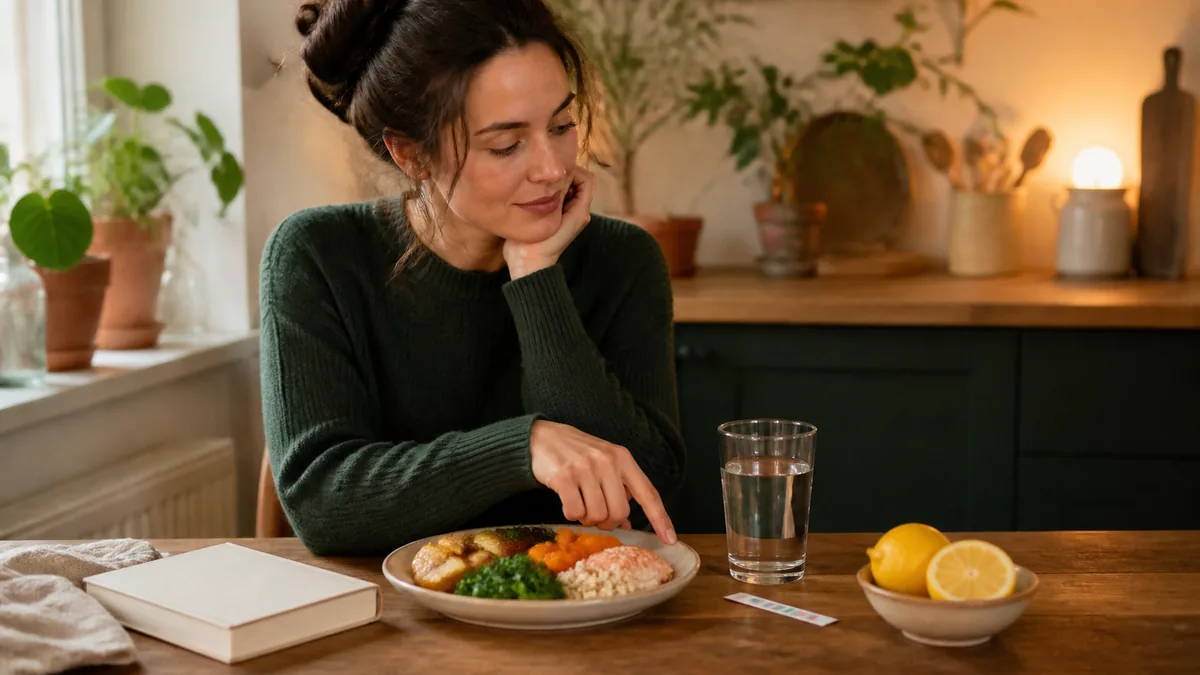 Glas water met citroen naast groente, peulvruchten en noten in een rustige warme keuken zonder detoxproducten