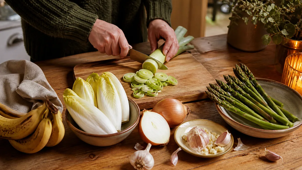 Warme ontbijtkom met cichorei, ui, banaan en volkoren granen als natuurlijke bronnen van fermenteerbare vezels