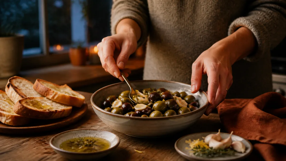 Schaal groene en donkere olijven met geroosterde knoflook, citroen en kruiden op een gezellige houten tafel