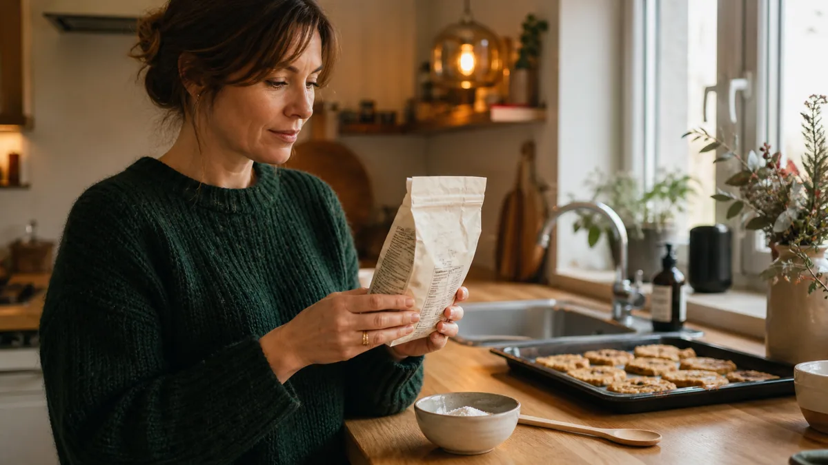 Open potje baking soda met houten maatschepje, citroen en keukendoek op een warme houten tafel