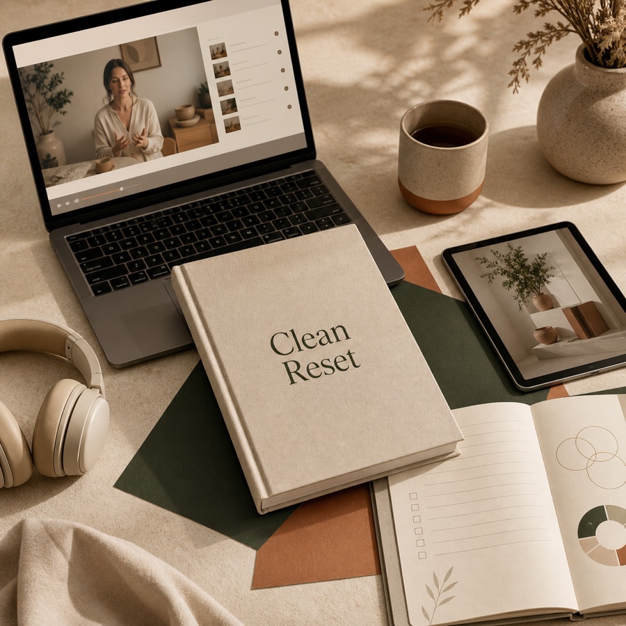 Warme Clean Reset-cursusomgeving met laptop, werkboek en planner