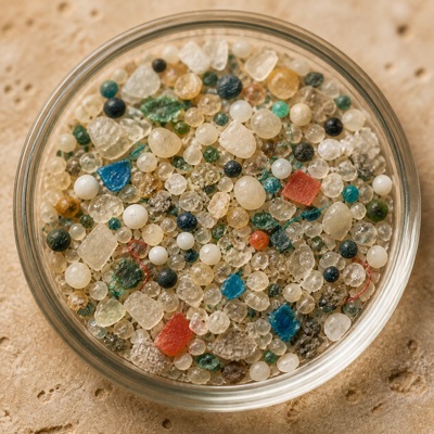 Microplasticdeeltjes in een glazen schaaltje