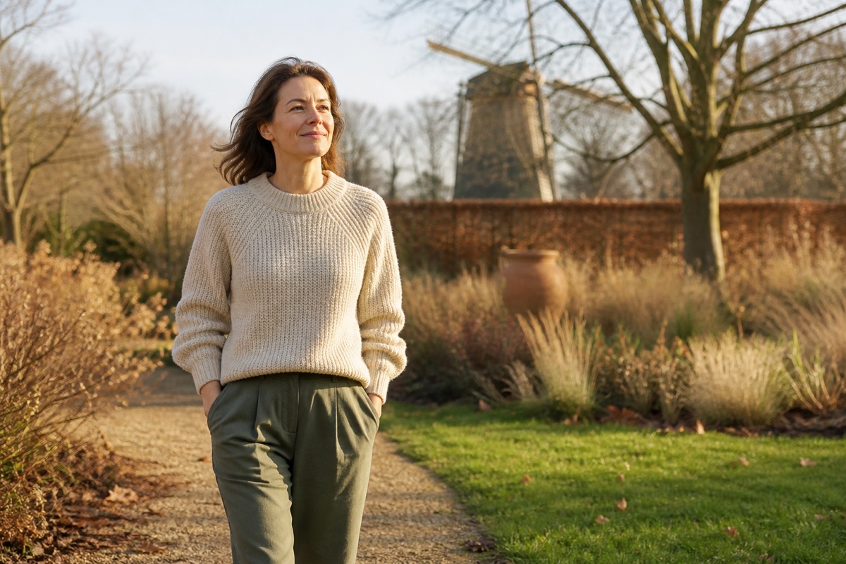 Vrouw wandelt energiek en ontspannen door een warme wintertuin
