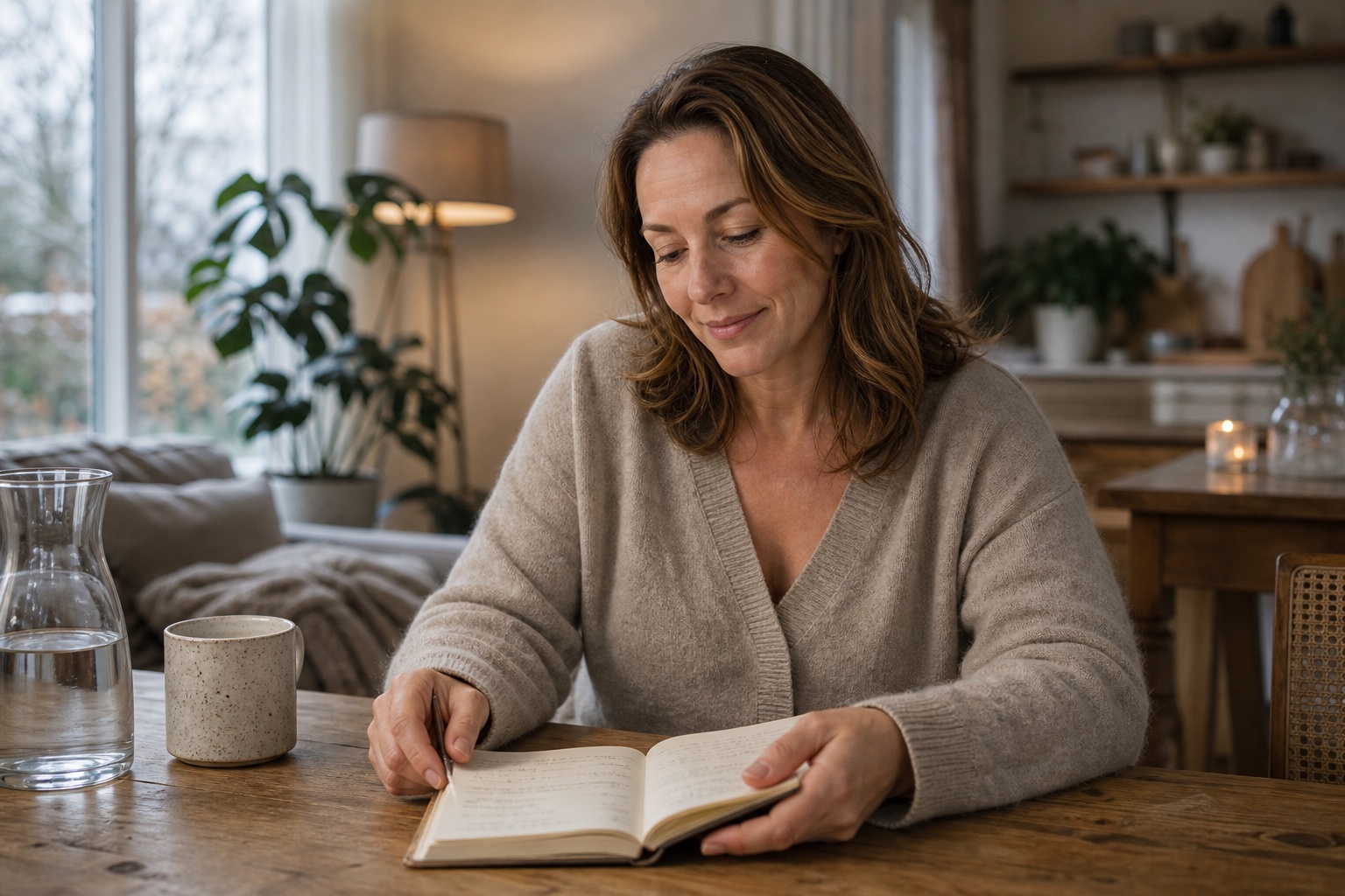 Vrouw verdiept zich ontspannen in praktische gezondheidskeuzes aan een warme keukentafel